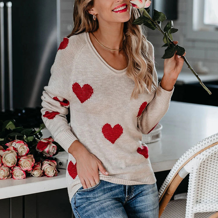 Women's New Loose Love V-Neck Knitted Pullover Sweater