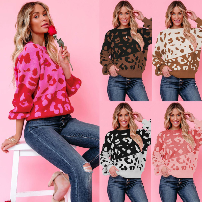Fashionable Women's Christmas Leopard Print Knitted Pullover Sweater