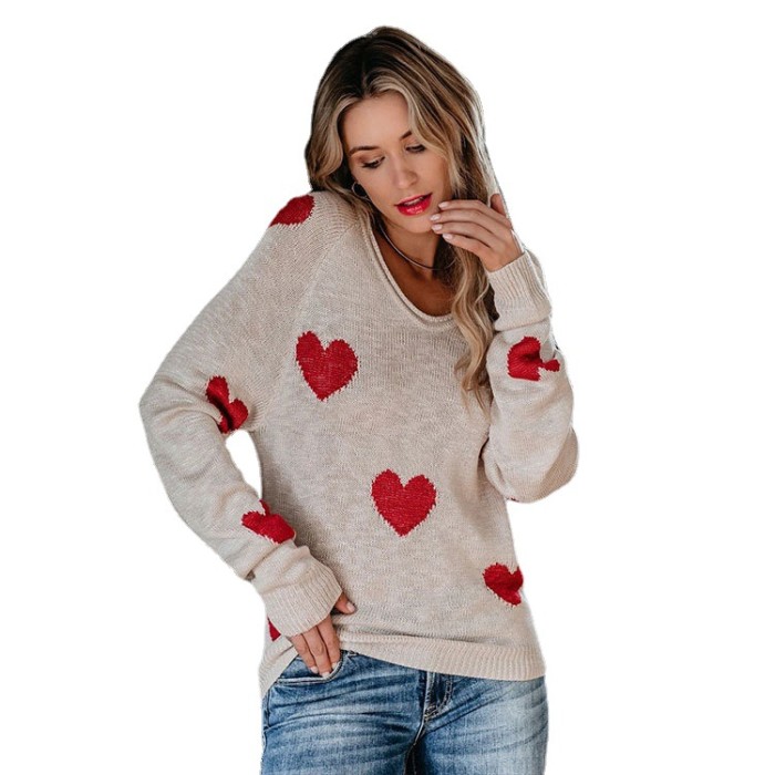 Women's New Loose Love V-Neck Knitted Pullover Sweater