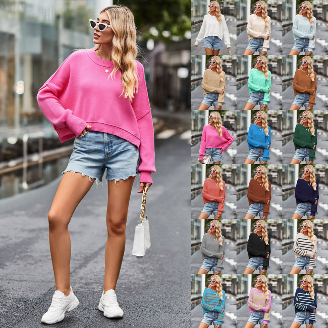 New Women's Fashionable Solid Color Loose Knitted Pullover Sweater