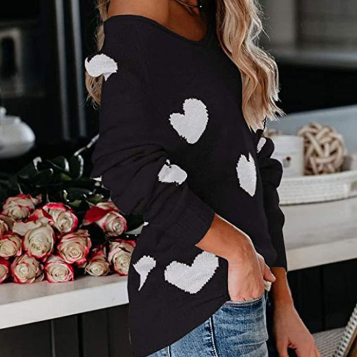 Women's New Loose Love V-Neck Knitted Pullover Sweater