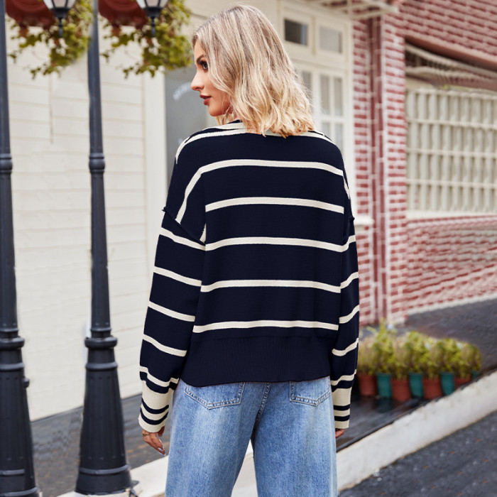 Women's New Fashion Stitched Lapel Loose Striped Knitted Sweater