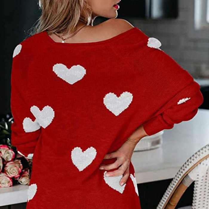 Women's New Loose Love V-Neck Knitted Pullover Sweater