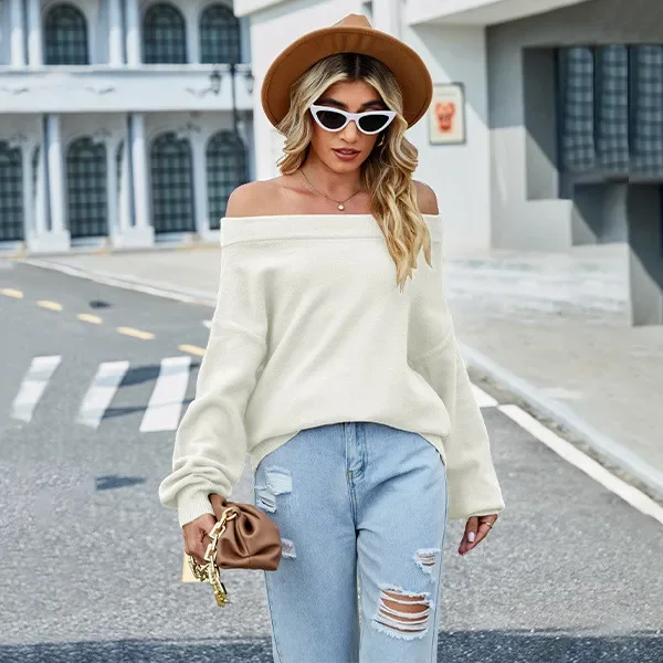Women's Solid Color Loose Large Off-Shoulder Knitted Sweater