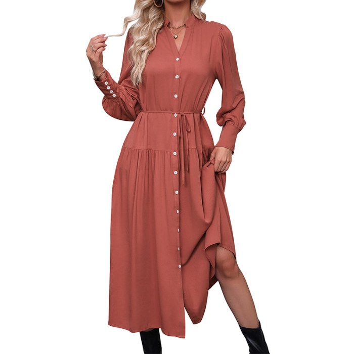 New Fashion Women's Long Sleeve V-Neck Solid Color Dress