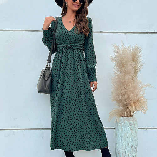 Fashion Women's New Green Long Sleeve Leopard Print Dress