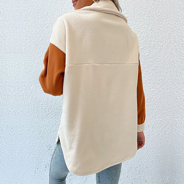 New Fashion Women's Lapel Color Block Long Sleeve Polar Fleece Jacket