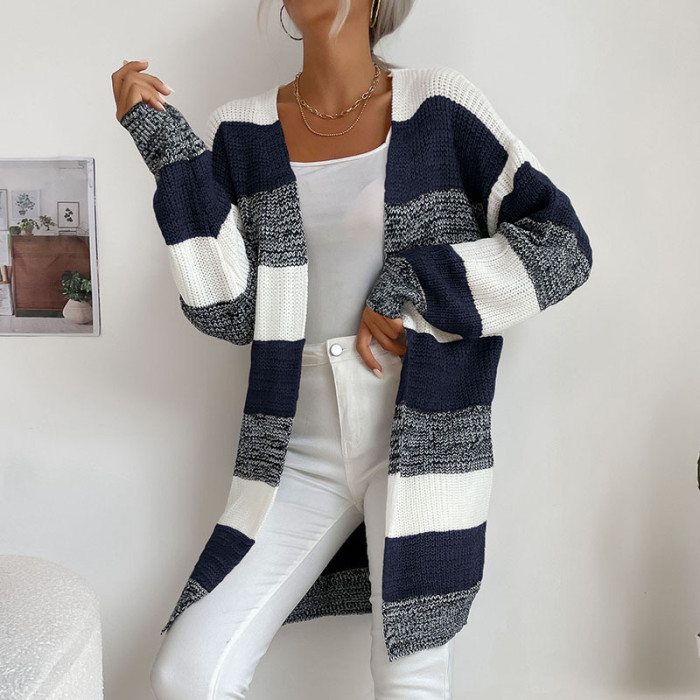 Ladies New Casual Color Block Knitted Sweater Cardigan
