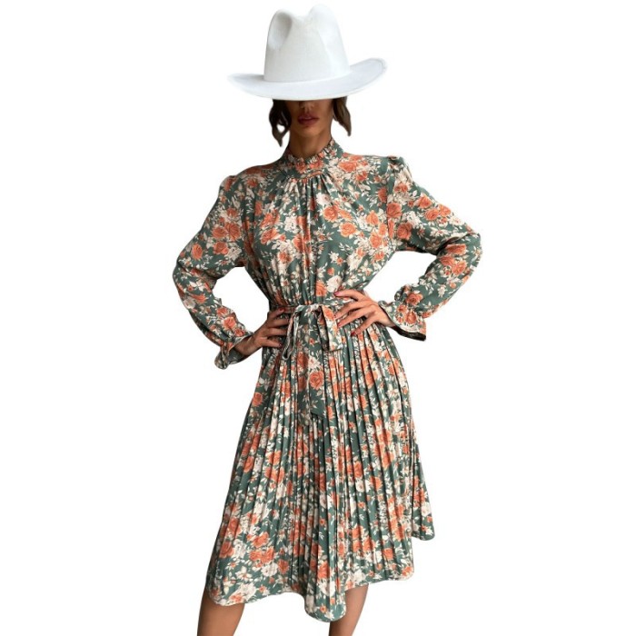 Fashionable Women's Printed Long Sleeve Half Turtle Neck Dress