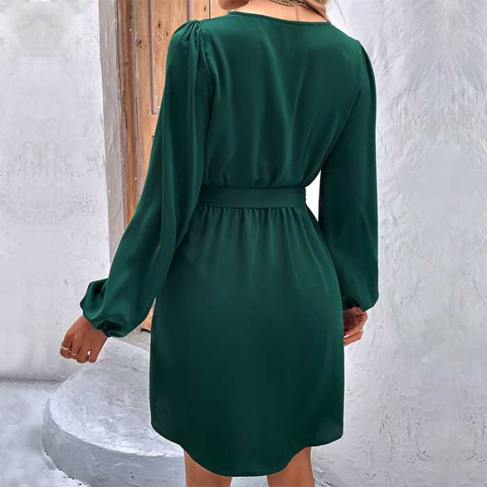 Women's New Solid Color Long Sleeve V Neck Casual Dress