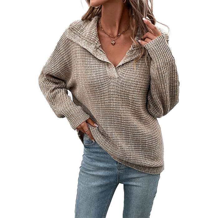 Fashion Women's New Solid Color Casual Long Sleeve Lapel Sweater