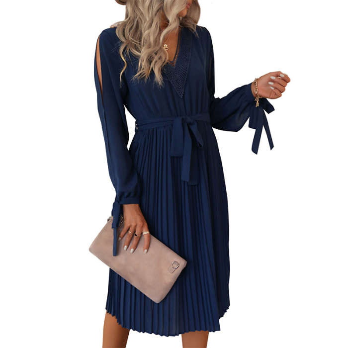 New Women's Solid Color Hollow Long Sleeve Dress