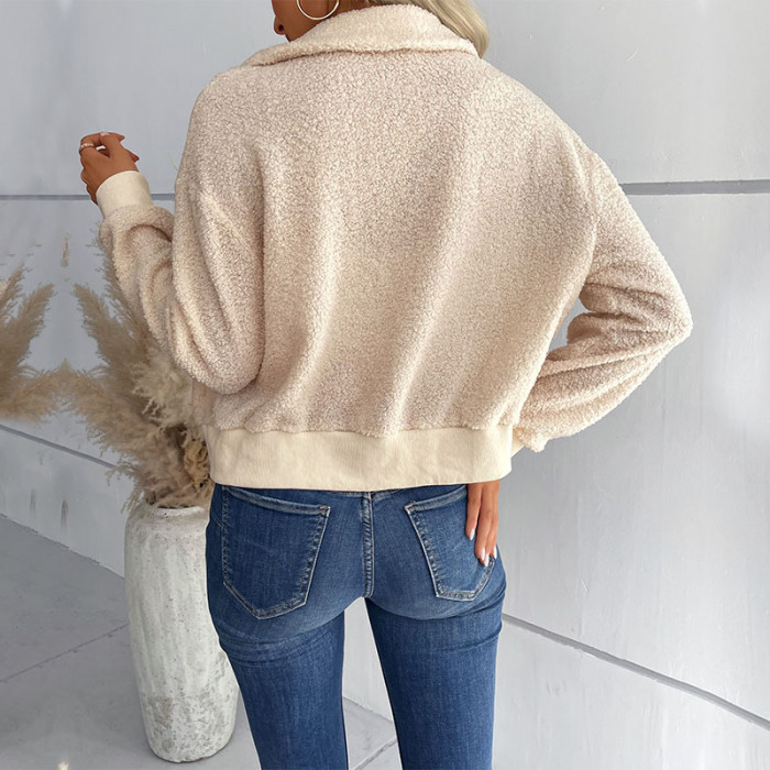 New Fashionable Women's Solid Color Long Sleeve Lapel Shearling Jacket
