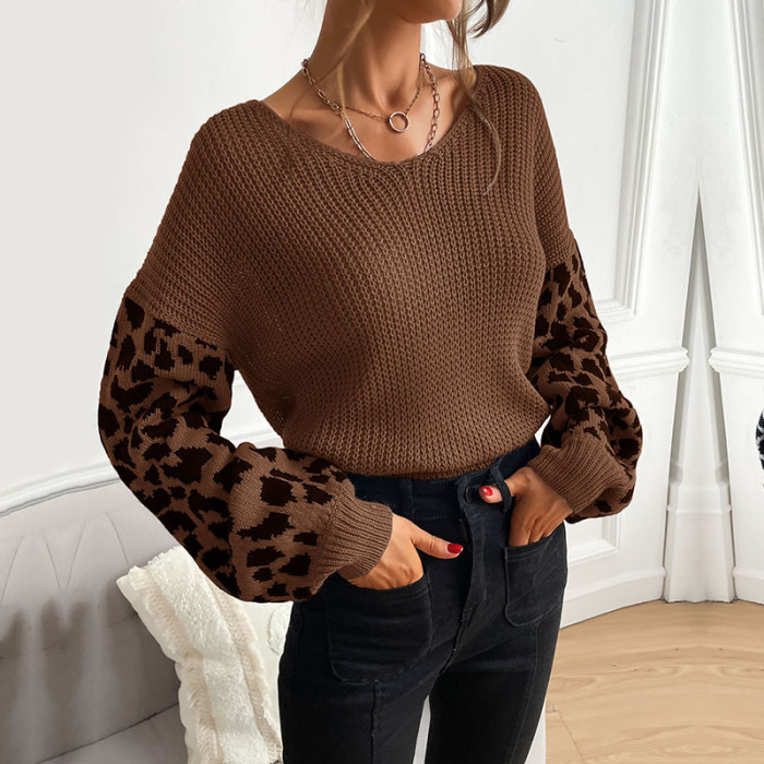 New Women's Round Neck Leopard Print Knitted Pullover Sweater