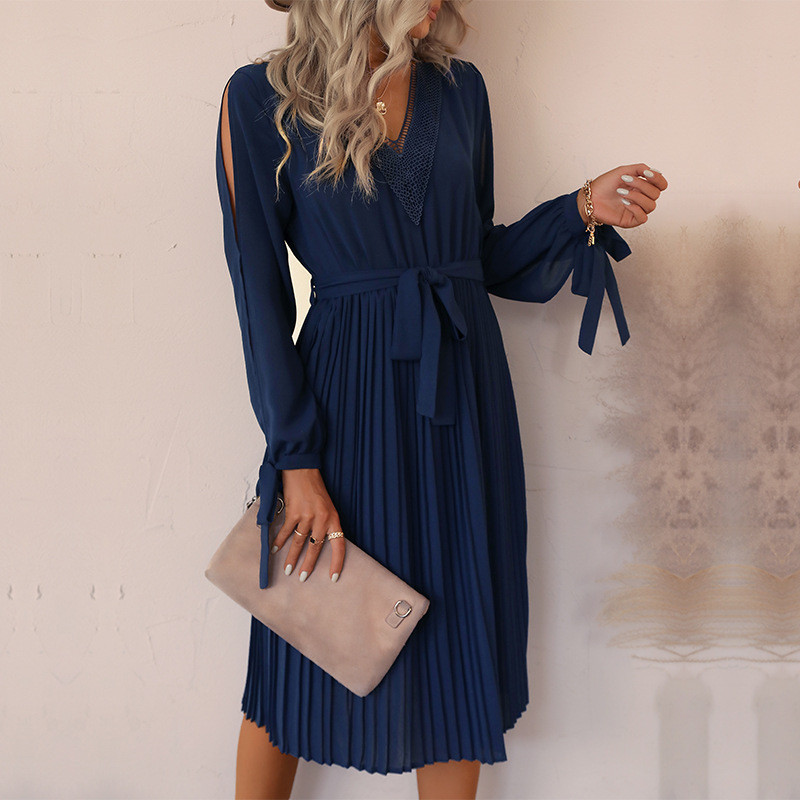 New Women's Solid Color Hollow Long Sleeve Dress
