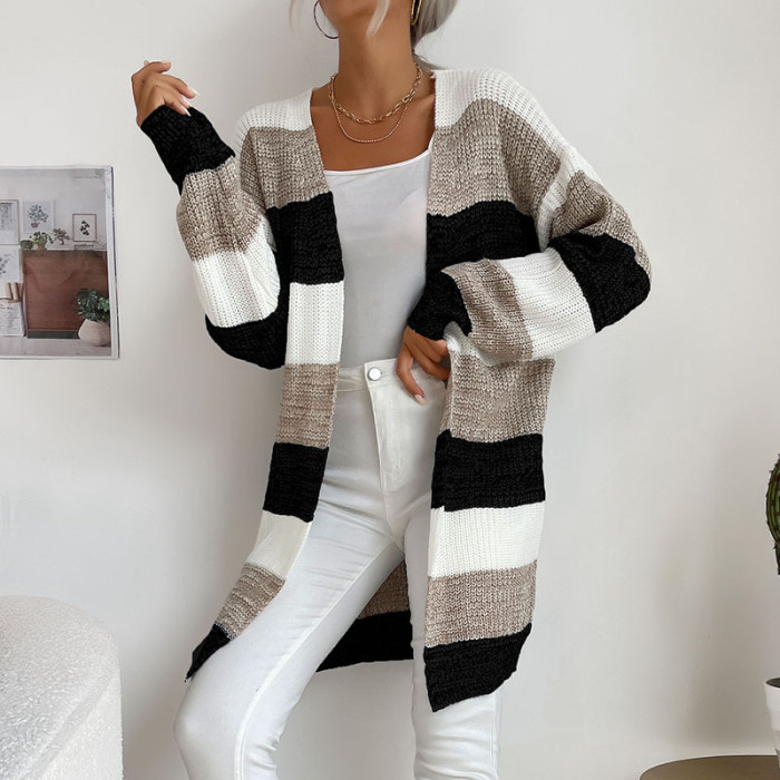 Ladies New Casual Color Block Knitted Sweater Cardigan
