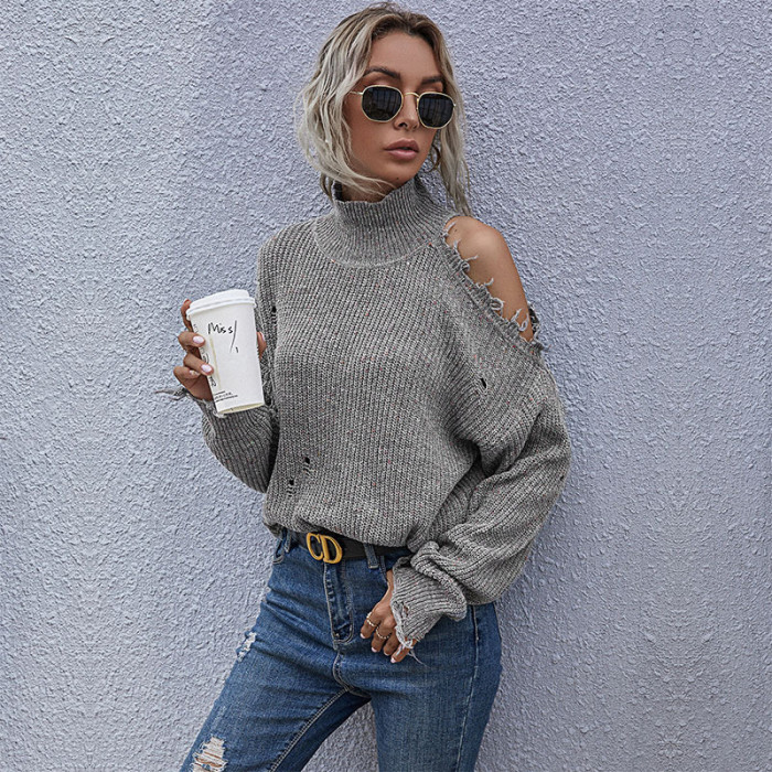 Women's Long Sleeve Loose Off Shoulder Knitted Sweater