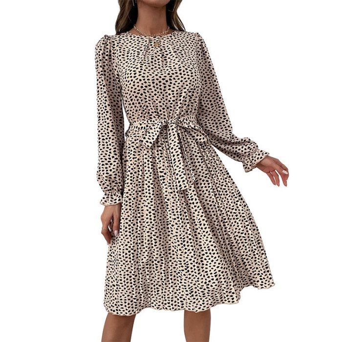New Women's Long Sleeve Leopard Print Midi Dress