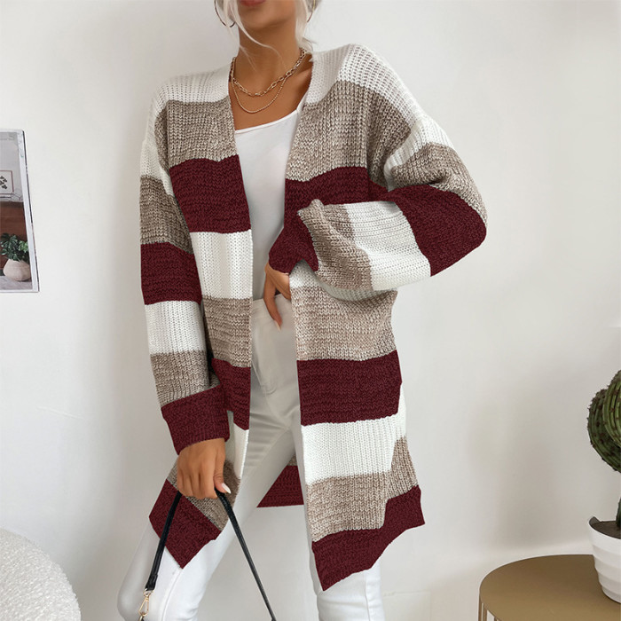 Ladies New Casual Color Block Knitted Sweater Cardigan