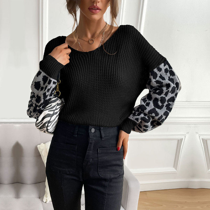 New Women's Round Neck Leopard Print Knitted Pullover Sweater