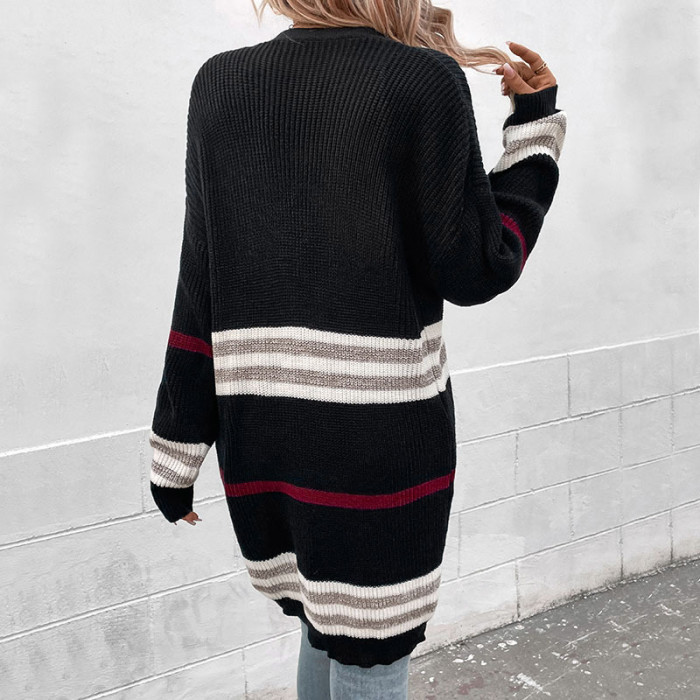 Fashionable Women's Long Sleeve Color Block Long Sweater Cardigan