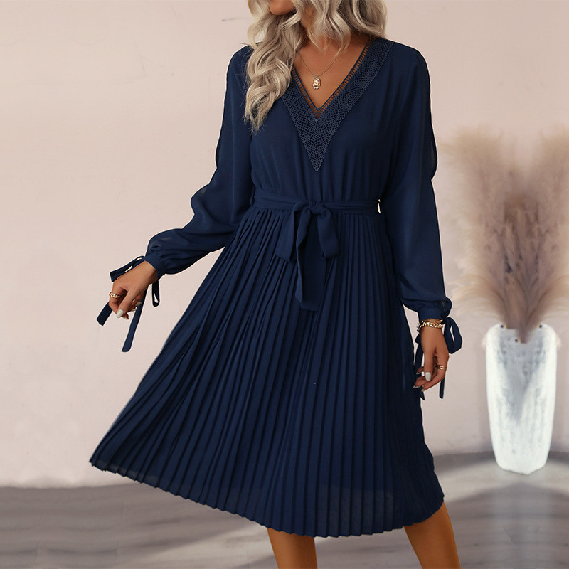 New Women's Solid Color Hollow Long Sleeve Dress