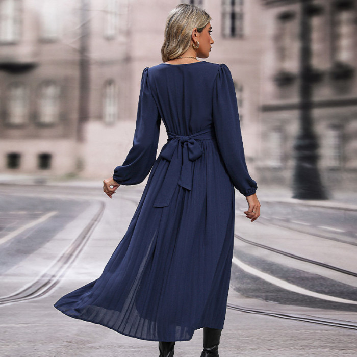 Women's New Long Sleeve Solid Color Midi Dress