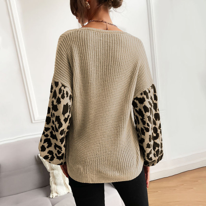 New Women's Round Neck Leopard Print Knitted Pullover Sweater