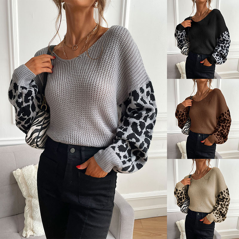 New Women's Round Neck Leopard Print Knitted Pullover Sweater