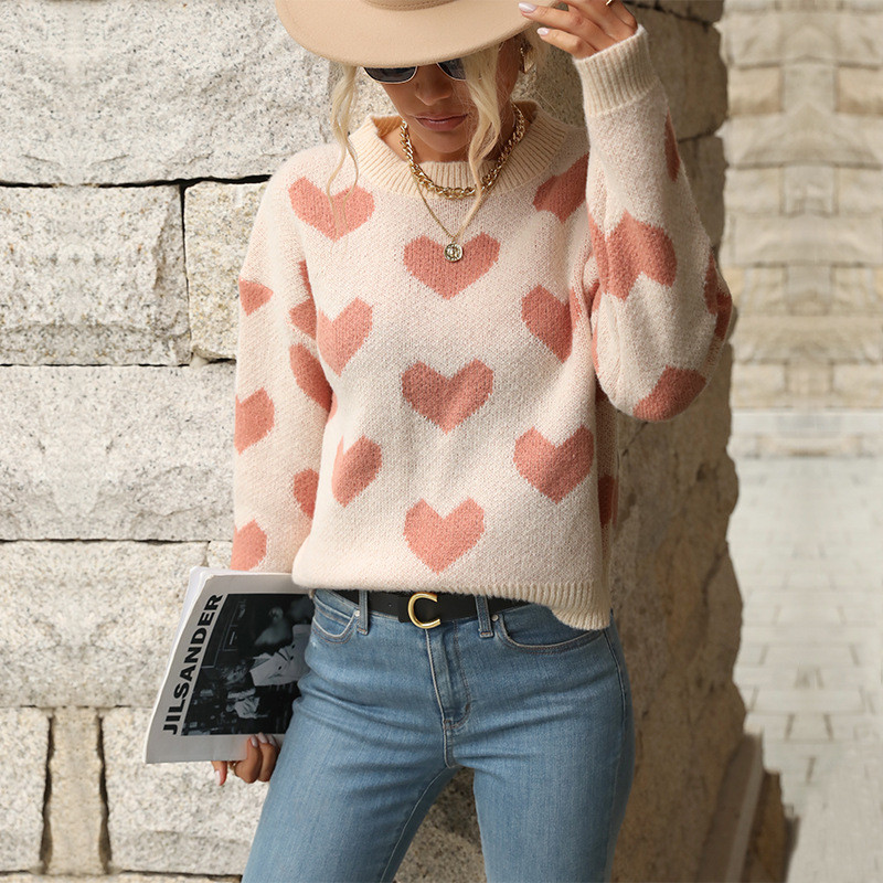 New Fashion Casual Love Long Sleeve Pink Knitted Sweater