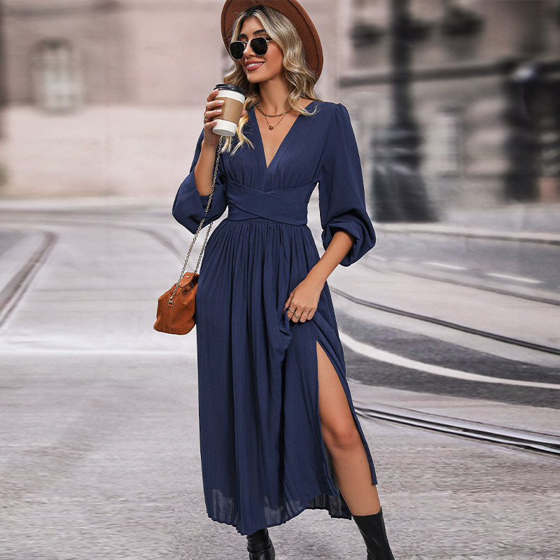 Women's New Long Sleeve Solid Color Midi Dress