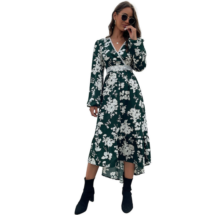 New Fashion Women's Printed V-Neck Long Sleeve Dress