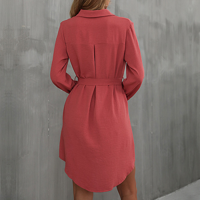 Fashionable Solid Color Casual Long Sleeve Lapel Dress