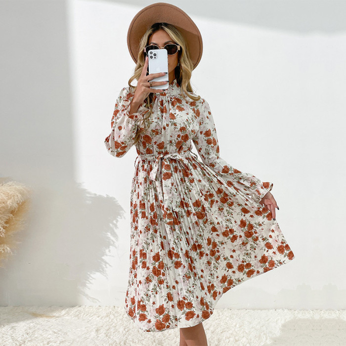 Fashionable Women's Printed Long Sleeve Half Turtle Neck Dress