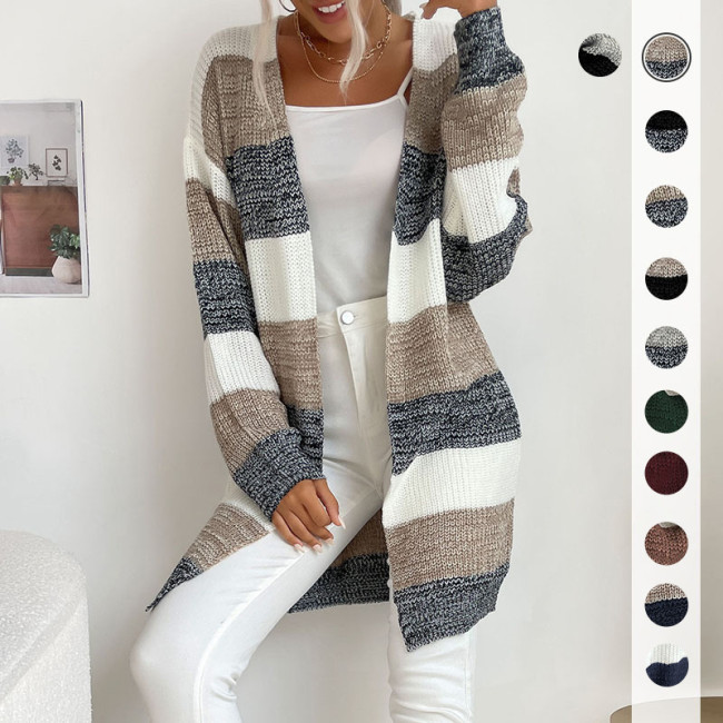 Ladies New Casual Color Block Knitted Sweater Cardigan
