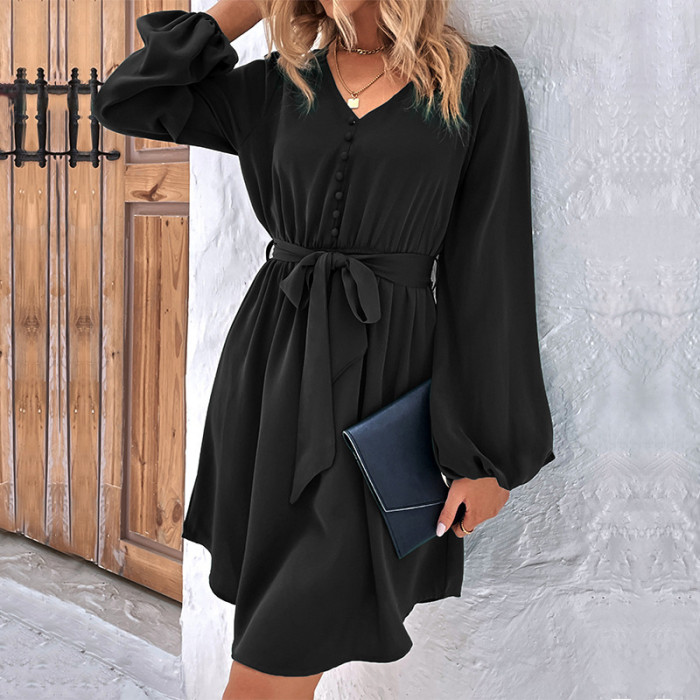 Women's New Solid Color Long Sleeve V Neck Casual Dress
