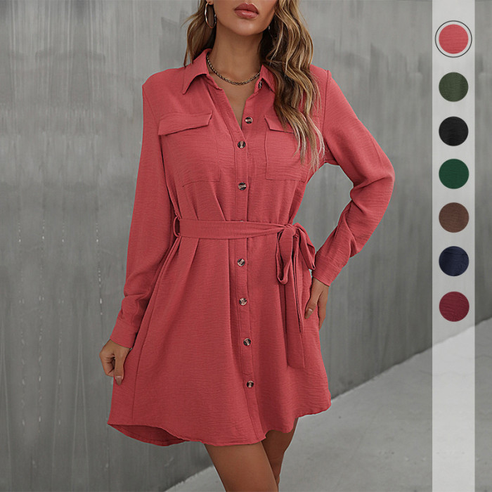 Fashionable Solid Color Casual Long Sleeve Lapel Dress