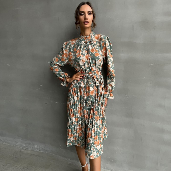 Fashionable Women's Printed Long Sleeve Half Turtle Neck Dress