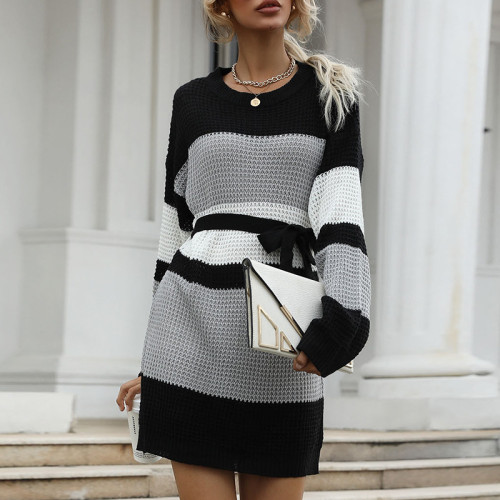 Fashionable Women's Loose Color Block Long Sleeve Sweater Dress