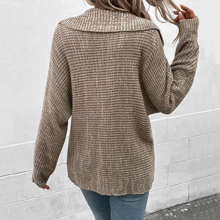Fashion Women's New Solid Color Casual Long Sleeve Lapel Sweater