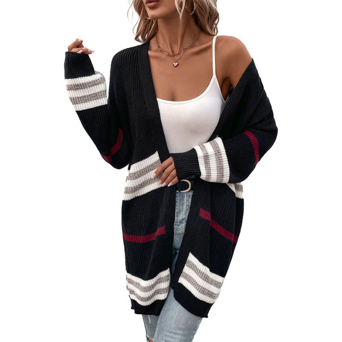 Fashionable Women's Long Sleeve Color Block Long Sweater Cardigan
