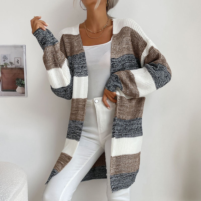 Ladies New Casual Color Block Knitted Sweater Cardigan