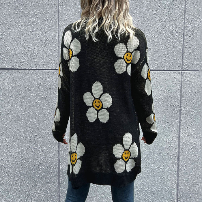 Fashionable Women's Floral Print Long Sleeve Sweater Cardigan