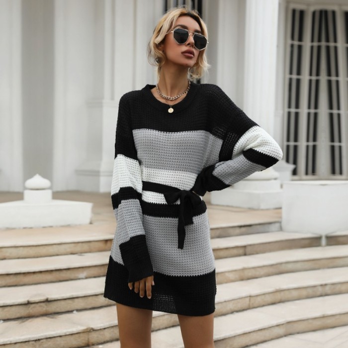 Fashionable Women's Loose Color Block Long Sleeve Sweater Dress