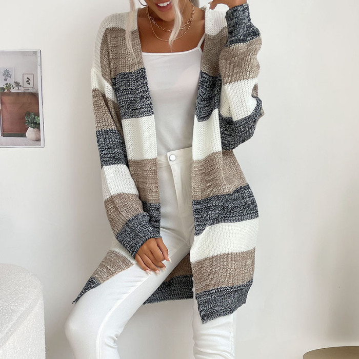 Ladies New Casual Color Block Knitted Sweater Cardigan