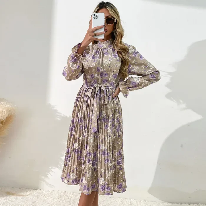 Fashionable Women's Printed Long Sleeve Half Turtle Neck Dress