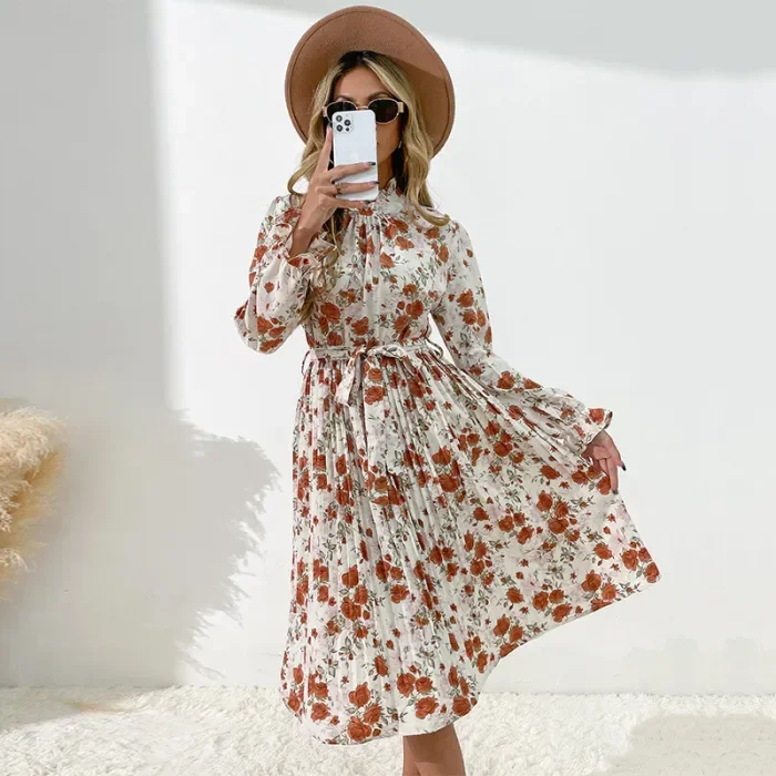 Fashionable Women's Printed Long Sleeve Half Turtle Neck Dress