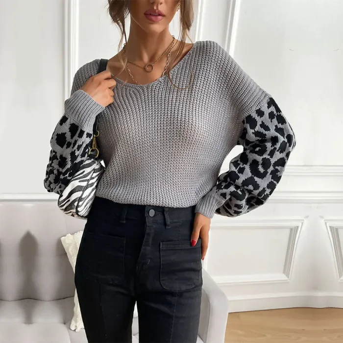 New Women's Round Neck Leopard Print Knitted Pullover Sweater
