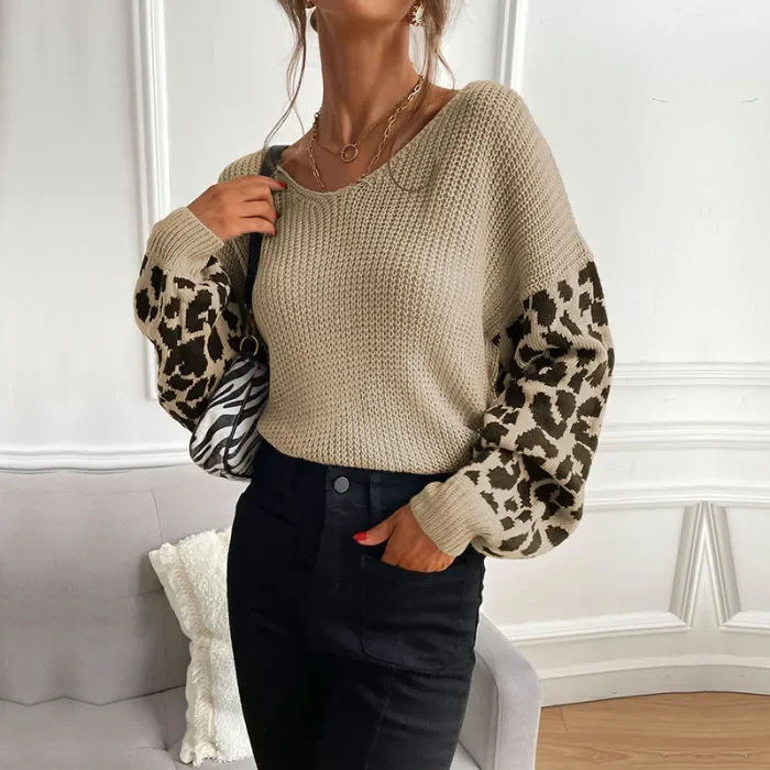 New Women's Round Neck Leopard Print Knitted Pullover Sweater