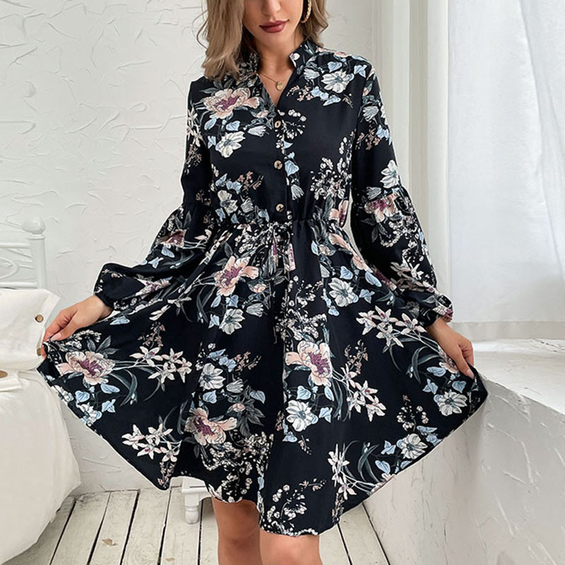 New Black Retro Women's Long Sleeve Printed Dress